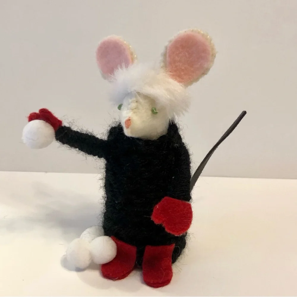 Black sweater Felt Mouse art doll Winter  handmade snowballs mittens